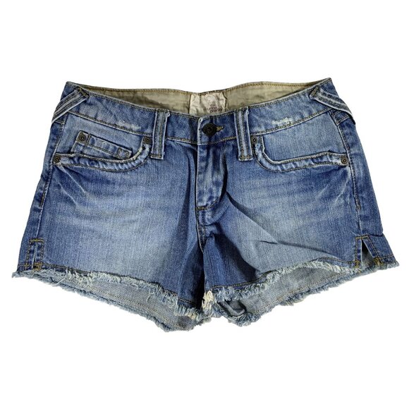 Vintage-Look Maurices Juniors Denim Shorts Frayed Hem Buttoned Pockets Size 1/2 - Picture 1 of 11
